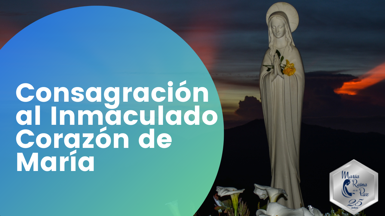 Imagen de la Virgen María al atardecer y título que invita a la consagración a la Virgen